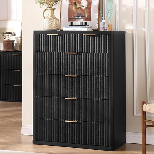 LEYAOYAO Fluted 6 Drawers Dresser for Bedroom, 42" Tall Modern Chest of Drawers with Metal Handle, Curved Profile Design,Black Wood Drawer Organizer for Bedroom, Living Room, Hallway, Entryway
