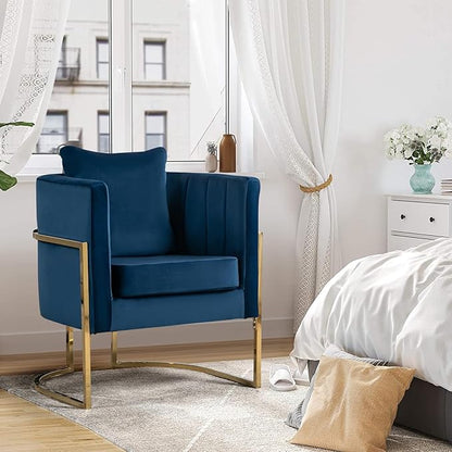 Velvet Modern Accent Chair, Upholstered Barrel Armchair Mid Century with Pillow for Living Room, Comfy Single Vanity Chair with Metal Gold Legs for Bedroom, Blue