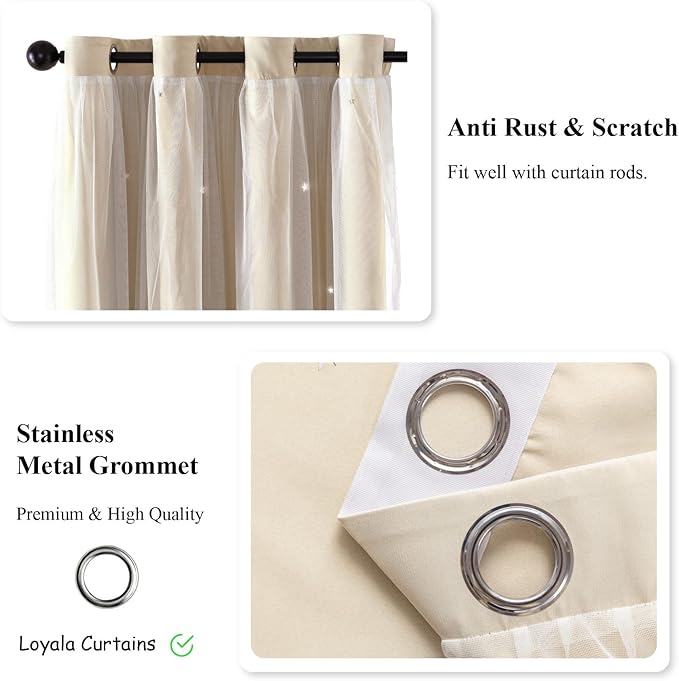 Star Double Layer Blackout Curtains for Bedroom & Kids, Cute, 72 Inches Long, 2 Panels Set, Beige, 42 X 72 Inches
