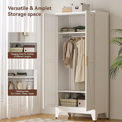 COFaR Metal Wardrobe Cabinet, 71" Farmhouse Storage Cabinet with Hanging Rod, 2 Barn Door, 2 Adjustable Shelves and Legs, for Bedroom, Laundry Room, Cloak Room, Gym, Office, School (White)