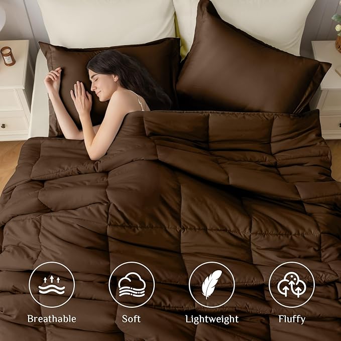 JOLLYVOGUE Twin Comforter Set, Ultra-Soft Bed in a Bag Twin Size 5 Pieces, Oeko-TEX Certified Bedding Set with Down Alternative Comforter, Sheets, Pillowcases & Shams, Brown & Beige
