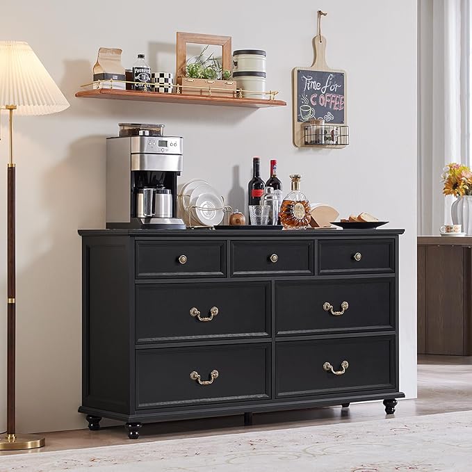 24" Wide Farmhouse Nightstand Set of 2, 54" 7 Drawers Dresser, 45" Tall Rustic Chests of 5 Drawers w/ 4 Solid Wood Feet, Farmhouse Furniture Series for Living Room,Bedroom,Black