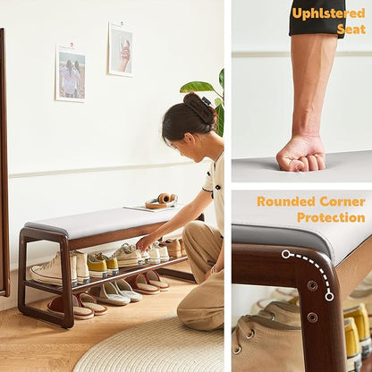 Solid Wood Shoe Bench, 2-Tier Wooden Storage Entryway Bench, Mid-Century Modern Shoe Bench Rack, End of Bed Bench with Faux Leather Cushion, Ottoman Bench for Hallway, Living Room (Cream Grey 31.5'')