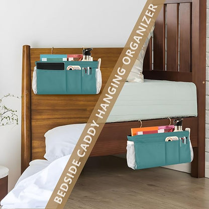 KOPIRIT Navy Teal Bedside Caddy Storage Bag Bedside Organizer for College Dorm Top Bunk Bed Hanging Storage Organizer 6 Pockets with Hooks for Drinks Magazine Phone Holder