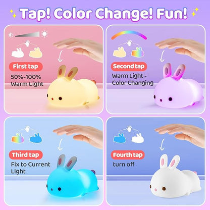 One Fire Bunny Toys for Kids Night Light for Kids with Remote, 16 Colors+5 Brightness Cute Lamp, Soft Silicone Baby Night Light, 1200mAh Portable Dimmable Touch Lamps, Kawaii Room Decor