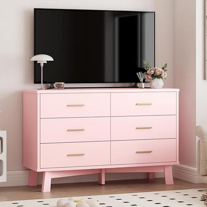 Dresser for Bedroom, 6 Drawer Wide Modern Chest of Drawers with X-Shaped Sturdy Base, Wood Double Dresser Closet Clothes Storage Organizer, Wooden TV Stand for Living Room, Hallway, Pink