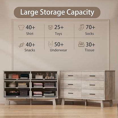 Dresser for Bedroom, 6 Drawer Wide Modern Chest of Drawers with X-Shaped Sturdy Base, Wood Double Dresser Closet Clothes Storage Organizer, Wooden TV Stand for Living Room, Hallway, Grey