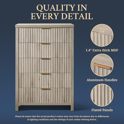 5 Drawers Dresser for Bedroom, 44 Inches Tall Modern Bedroom Dressers, Chest of Drawers for Bedroom, Fluted Dresser for Closet Organizer for Living Room, Hallway, Entryway (Grey Oak)