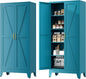 Farmhouse Pantry Cabinet with Barn Doors, 71" H x 31.5" W, 5-Tier Metal Storage Cabinet with 4 Adjustable Shelves for Kitchen Garage Dining Room,Blue
