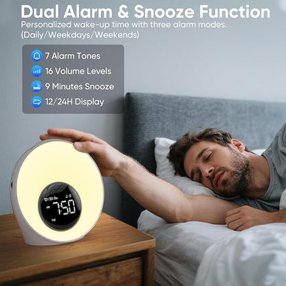 Wake Up Light Sunrise Alarm Clock - Sunrise Simulation & White Noise Machine with 30 Soothing Sounds, 14 Color Dimmable Night Light, Dual Alarms for Heavy Sleepers/Adults/Kids, Digital Clock Timer