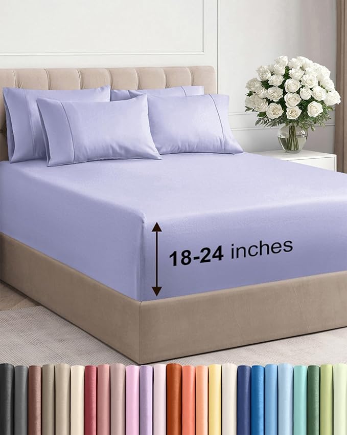 Extra Deep King Sheet Set - 6 Piece Breathable & Cooling Sheets - Hotel Luxury Bed Sheets Set - Easy & Secure Fit - Soft, Wrinkle Free & Comfy Sheets Set - Lavender Sheet Set with Extra Deep Pockets