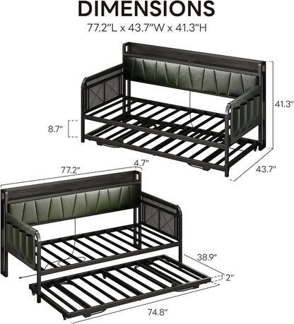 LIKIMIO Daybed with Trundle Bed, Twin Bed Frame with Storage Headboard and Charging Station, Sofa Day Bed with Strong Supports for Living Room, Bedroom, and Guest Room, Dark Green