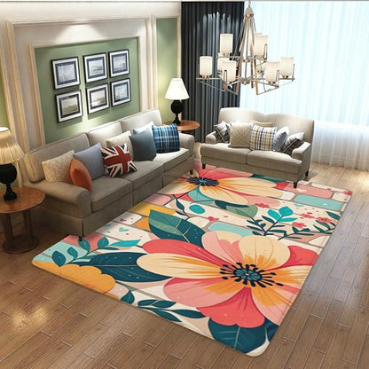 Machine Washable 3' x 5' Bohemian-Style Area Rug, Pink Floor mat, Suitable for bedrooms, Girls' Room Bedside, Living Room, Dining Room, Office, Non-Slip Low-Pile Printed Modern Floral Carpet