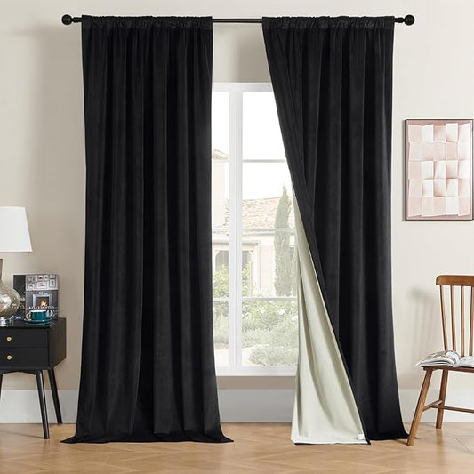 Joydeco 100% Blackout Velvet Curtains for Bedroom 120 Inches Long 2 Panels, Back Tab/Rod Pocket Living Room Drapes, Thermal Insulated Soundproof Heavy Duty Curtains for Windows,52W x 120L,Black
