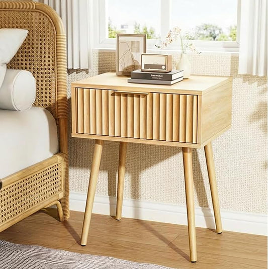 VINGLI Fluted Nightstand with Drawer, 19" W Mid Century Modern Nightstand for Bedroom, Bedside Table, End Tables Bedroom, Wood Night Stand, Oak, 18.9" W*14.96" D*24" H