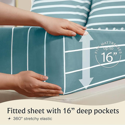 LuxClub 4 PC California King Sheet Set, Deep Pockets Wrinkle Free Cooling Bed Sheets Hotel Bedding for Women, Men, 1 Fitted Sheet, 1 Flat Sheet and 2 Pillowcases-Striped - Light Blue
