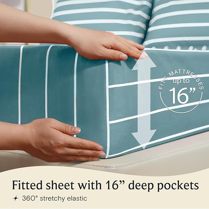 LuxClub 3 PC Twin Sheet Set, Deep Pockets Wrinkle Free Cooling Bed Sheets Hotel Bedding for Women, Men, Kids & Teens, Includes 1 Fitted Sheet, 1 Flat Sheet and 1 Pillowcase-Striped - Light Blue