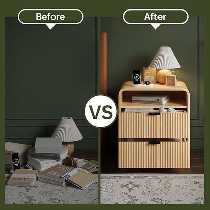 FURSUN 24" Fluted Nightstand with Charging Station, Wooden End Table with 2 Drawers Storage, Curved Profile Design, Modern Bedside Cabinet for Bedroom, Natural Oak