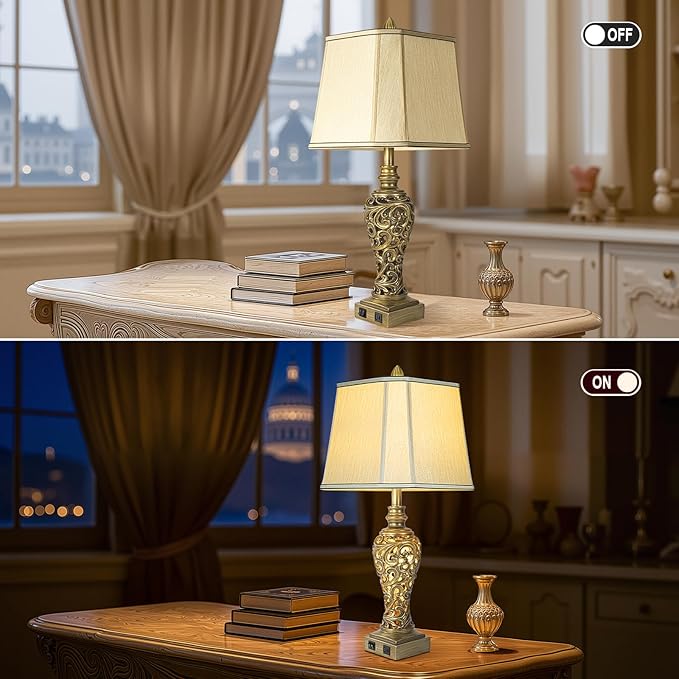 28.5'' Table Lamps Set of 2 for Living Room, Vintage Bedside Lamps with USB A+C Ports & Nightlight, Farmhouse Nightstand Lamps with Faux Silk Shade for Bedroom, Study Room, Office (LED Bulbs Included)