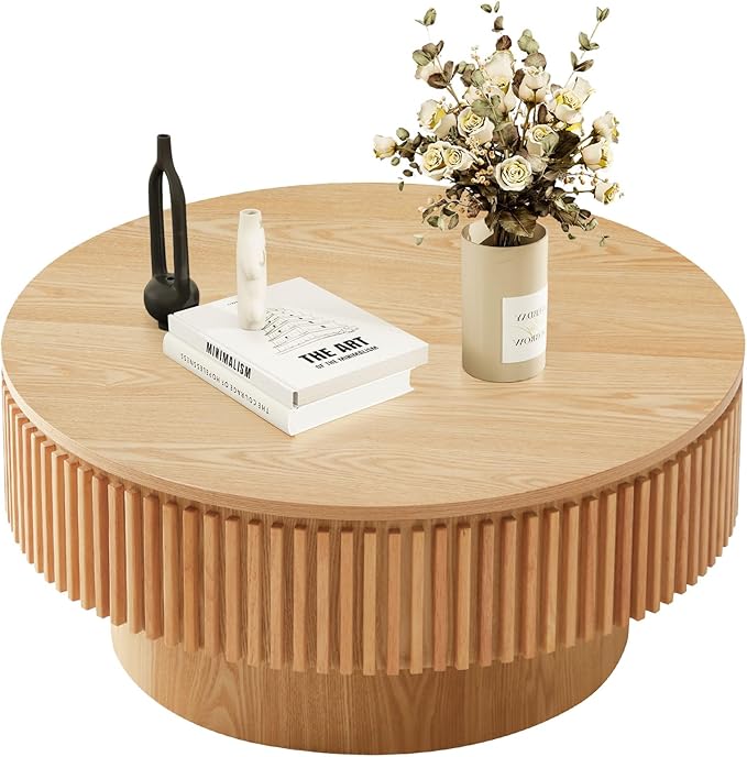 LKTART Round Coffee Table for Living Room, Accent Fluted Drum Coffee Table with Storage, Modern Solid Wood Veneered Circle Center Tea Table for Small Space Apartment (31.5''D×14''H-Natural)