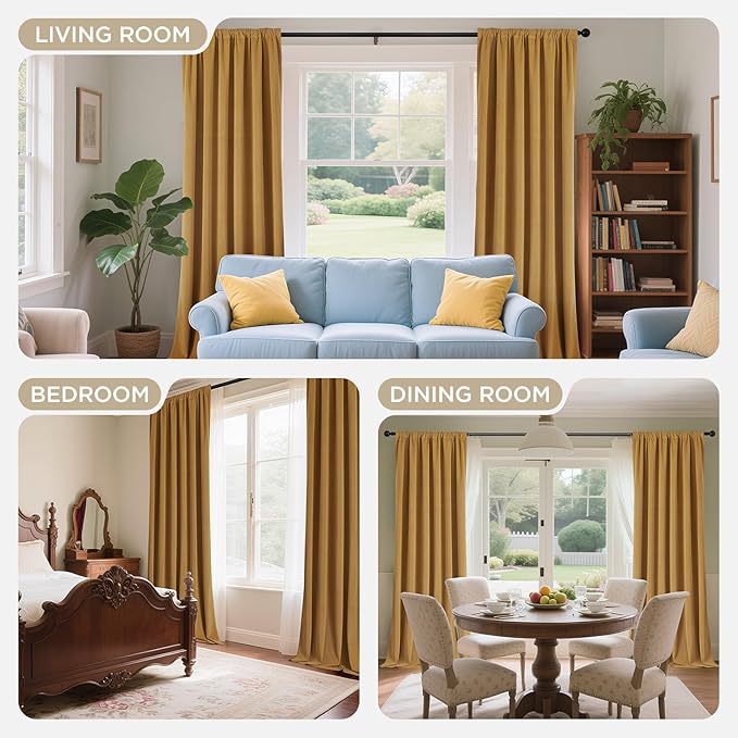 Joydeco Mustard Yellow 100% Blackout Curtains 108 Inch 2 Panels, Luxury Thermal Yellow Velvet Curtains for Bedroom Living Room, Soundproof Blackout Window Drapes, Grommet Top (52W x 108L)