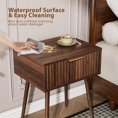 VINGLI Fluted Nightstand with Drawer, 19" W Mid Century Modern Nightstand for Bedroom, Bedside Table, End Tables Bedroom, Wood Night Stand, Walnut, 18.9" W*14.96" D*24" H