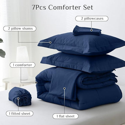 JOLLYVOGUE Queen Comforter Set, Ultra-Soft Bed in a Bag Queen Size 7 Pieces, Oeko-TEX Certified Bedding Set with Down Alternative Comforter, Sheets, Pillowcases & Shams, Navy
