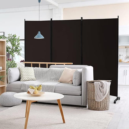 GOFLAME 3 Panel Folding Room Divider, 6FT Rolling Privacy Screen with Lockable Wheels, Portable Room Partition Screen, Freestanding Wall Divider and Separator for Home Office, Brown