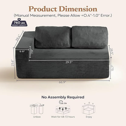 Loveseat Sofa, Cloud Modular Sofa Couch, Upholstered Floor Sofa with Deep Seat, Upholstered Foam Couch for Bedroom Living Room, No Assembly Required (Corduroy Fabric, Grey)