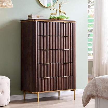 T4TREAM Fluted 5 Drawers Dresser for Bedroom, 48" Tall Modern Dresser Chest of Drawers, Gold Accents, Fluted Fronts, Wood Storage Dressers Organizer for Bedroom, Living Room, Dark Walnut