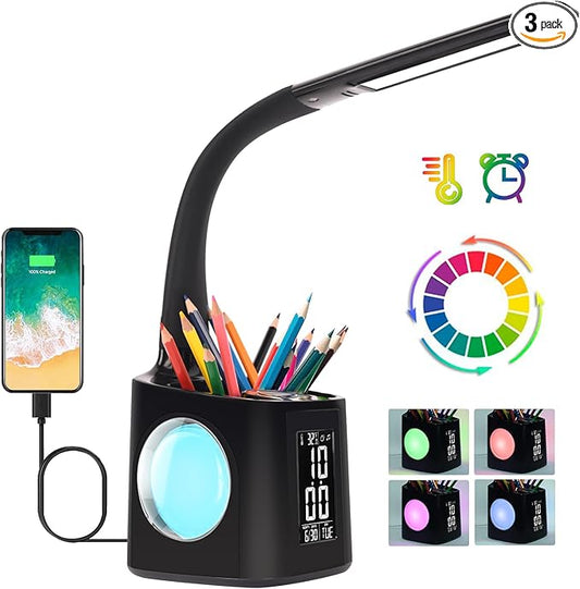 wanjiaone LED Desk Lamp with Clock,Color Changing Nightlight,Study Lamp with Pen Holder,Desk Light with USB Charger,Table Light for Home,Office,Gift for Kids,Students,Women,Black