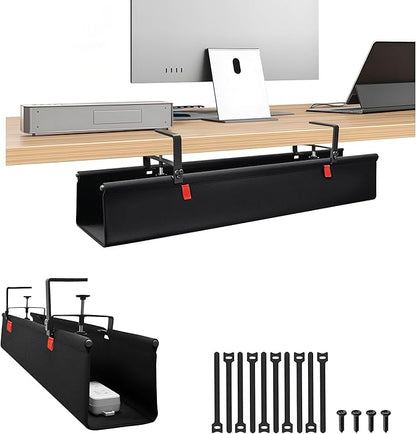 No Drill Cable Management Under Desk, 28" Cord Organizer for Table, Clamp/Screw Mount Cable Tray, Premium Black Fabric Desk Cord Management Tray for Office, Home (Regular (28 in))