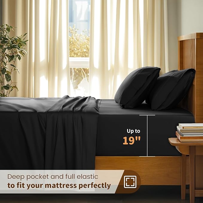 LBRO2M 100% Cotton Sheets Set Deep Pocket 19", 1000 Thread Count California King Size 4 Piece Bed Sheet Sets Soft Comfortable Bedding All Season (California King, Black)