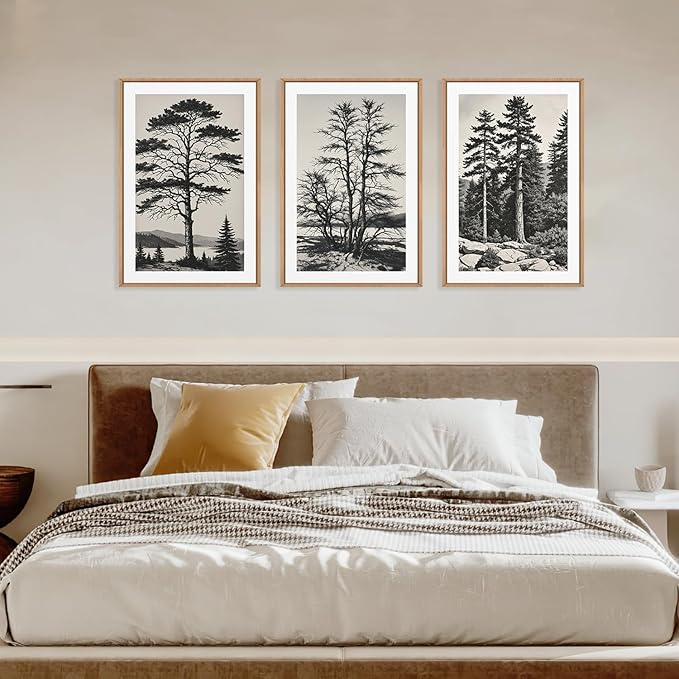 LHIUEM Large Vintage Sketch Tree Framed Wall Art Set,Antique Black and White Wall Decor,Nature Botanical Lake Artwork,Modern Wilderness Forest Art Prints for Living Room,Bedroom- 24"x36"x3