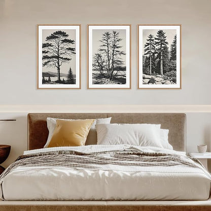 LHIUEM Large Vintage Sketch Tree Framed Wall Art Set,Antique Black and White Wall Decor,Nature Botanical Lake Artwork,Modern Wilderness Forest Art Prints for Living Room,Bedroom- 24"x36"x3