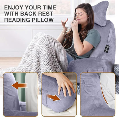 SLIGUY Reading Pillow-Bed Rest Pillow with Detachable Neck Roll & Support Arm for Sitting in Bed Couch or Floor-Backrest Reading Pillow Adult Back Pillow for Reading/Watching TV/Gaming/Relaxing,Grey