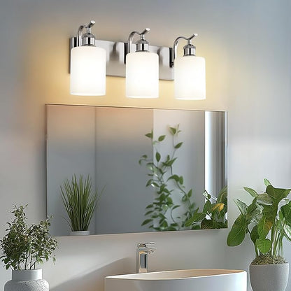 Milk Glass Bathroom Light, 3-Light Vanity Light Fixture, Brushed Nickel Wall Sconce, VL01BNW-3