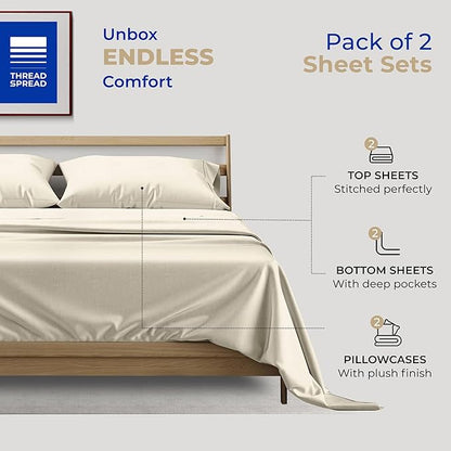 THREAD SPREAD 2-Pack Twin XL Sheet Sets Cotton - 400 Thread Count 100% Cotton Sateen Weave - Soft, Breathable, Hotel Quality Cooling Sheets, 2 Sets of Twin XL Size Deep Pocket Bed Sheets (Ivory)