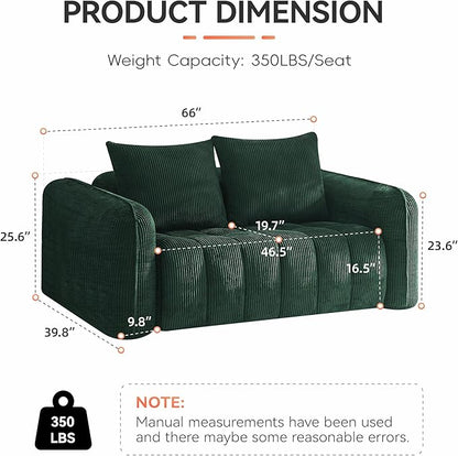 66'' Boneless Corduroy Loveseat Sofa, 2 Seater Tufted Deep Seat Couch with Rounded Armrest, Upholstered Cloud Couch for Living Room, Bedroom, No Assembly, Green