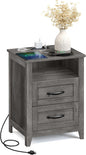 VASAGLE LIRY Collection - Farmhouse Nightstand with Charging Station, Bedside Table, Side Table with 2 Drawers, Open Compartment, for Bedroom, Misty Gray ULET669G01