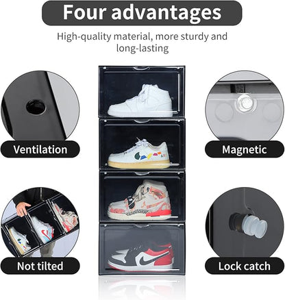 XL clear shoe storage boxes stackable, 8 Pack Large Shoe Boxes Clear Plastic Stackable, Drop side Sneaker Container Fit Size 13 (Black 8 Pack)