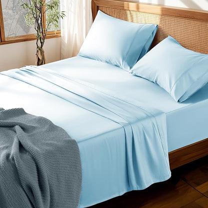 LBRO2M 100% Cotton Sheets Set Deep Pocket 19", 1000 Thread Count California King Size 4 Piece Bed Sheet Sets Soft Comfortable Bedding All Season (California King, Light Blue)