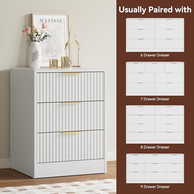 55" Long Dresser and Nightstand Set 3-Piece, 6 Drawer Dressers & Night Stand Set of 2 with Metal Handle, Fluted Modern Wood Chest of Drawers Storage Dressers Set for Bedroom, White