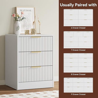 55" Long Dresser and Nightstand Set 3-Piece, 6 Drawer Dressers & Night Stand Set of 2 with Metal Handle, Fluted Modern Wood Chest of Drawers Storage Dressers Set for Bedroom, White
