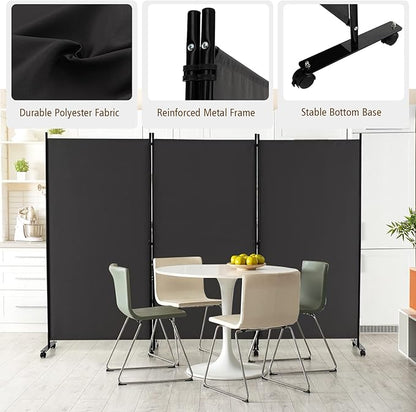 GOFLAME 3 Panel Folding Room Divider, 6FT Rolling Privacy Screen with Lockable Wheels, Portable Room Partition Screen, Freestanding Wall Divider and Separator for Home Office, Grey