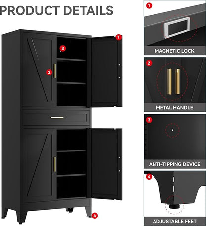 71" Tall Farmhouse Pantry Cabinet,Metal Cabinets with Doors and Shelves,Storage Cabinet for Kitchen, Garage,Black