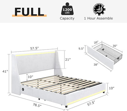 VECELO Full Size Bed Frame with Storage Drawers, Upholstered Platform Bedframe with Wingback Headboard, No Box Spring Needed, White