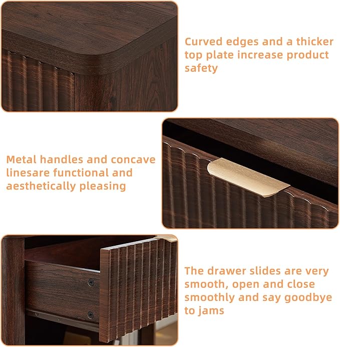 LEYAOYAO 23" Wide Fluted Night Stand with Charging Station, 1 Drawers Large End Table with Storage, Walnut Nightstand Wood Bedside Tables, Farmhouse Cabinet Dresser for Bedroom, Closet