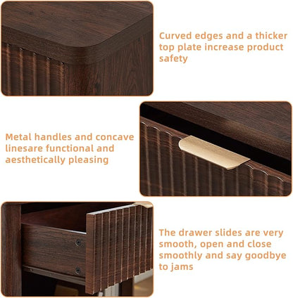 LEYAOYAO 23" Wide Fluted Night Stand with Charging Station, 1 Drawers Large End Table with Storage, Walnut Nightstand Wood Bedside Tables, Farmhouse Cabinet Dresser for Bedroom, Closet