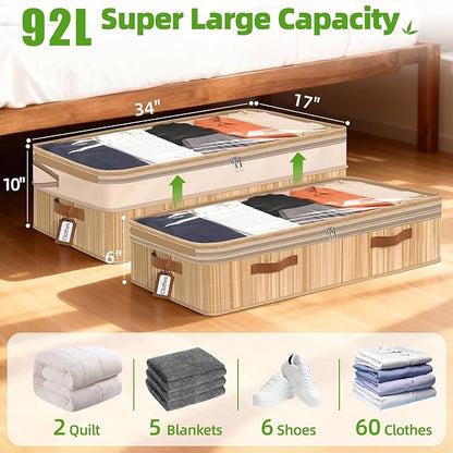 Livole 3 Pack Bamboo Under Bed Storage, 6-10 inches Height Adjustable Underbed Storage Containers, 92L XXXL Large Under Bed Storage Bins with Clear Lid & Label for Clothes, Blankets, Sweater, Shoes